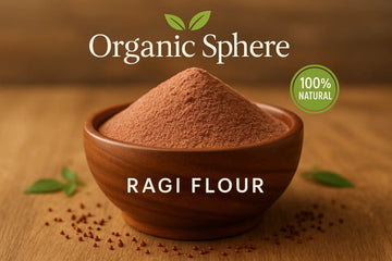 Fresh Ragi Flour in a bowl with Organic Sphere brand, fresh and 100% natural icons