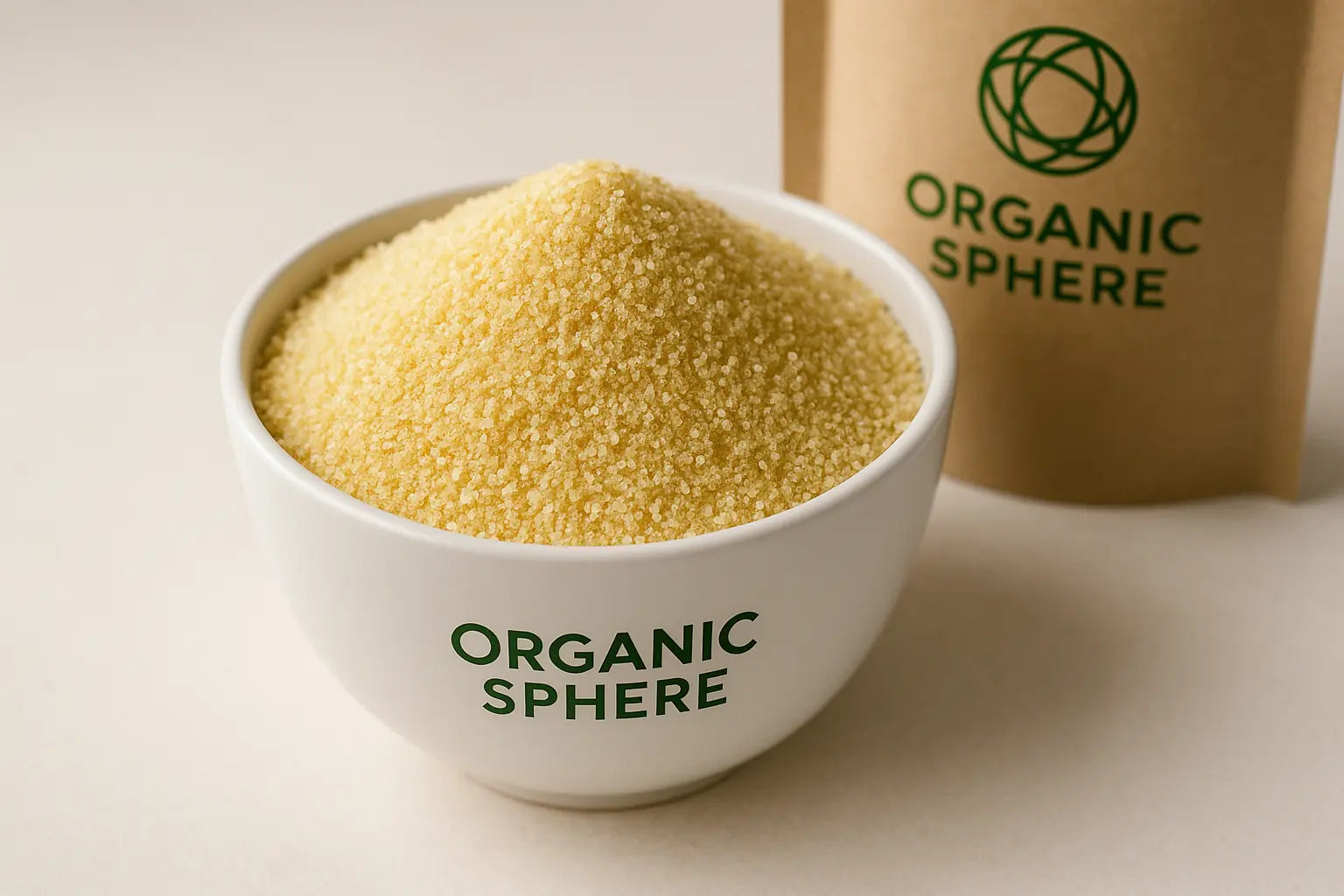 Coarse sooji in a bowl with Organic Sphere branding