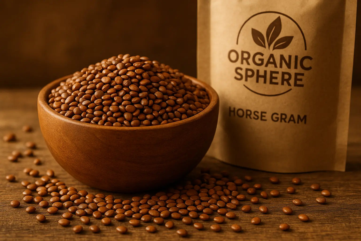 Horse gram with Organic Sphere branding in a bowl.